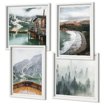 Set of 4 wall art pieces Mountains, lake, boat, fog, beach