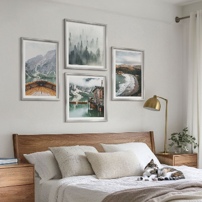 Set of 4 wall art pieces Mountains, lake, boat, fog, beach