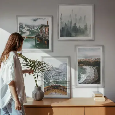 Set of 4 wall art pieces featuring mountains, lake, boat, fog, and beach scenes