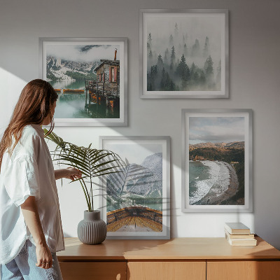 Set of 4 wall art pieces Mountains, lake, boat, fog, beach