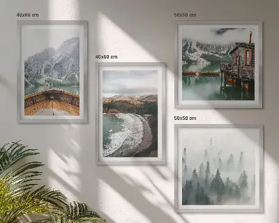 Set of 4 wall art pieces featuring mountains, lake, boat, fog, and beach scenes