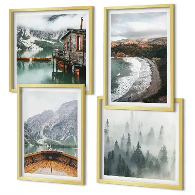 Set of 4 wall art pieces Mountains, lake, boat, fog, beach
