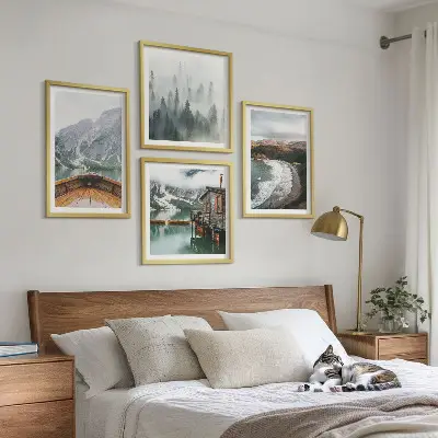 Set of 4 wall art pieces Mountains, lake, boat, fog, beach