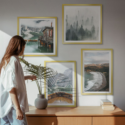 Set of 4 wall art pieces Mountains, lake, boat, fog, beach