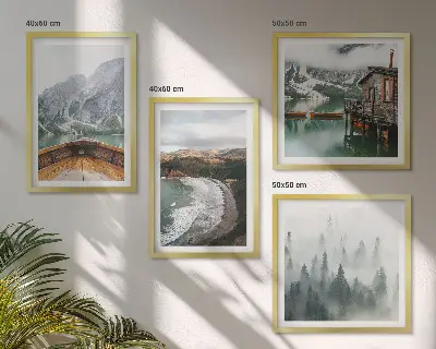 Set of 4 wall art pieces Mountains, lake, boat, fog, beach
