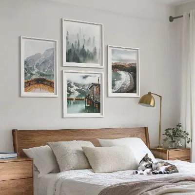 Set of 4 wall art pieces Mountains, lake, boat, fog, beach
