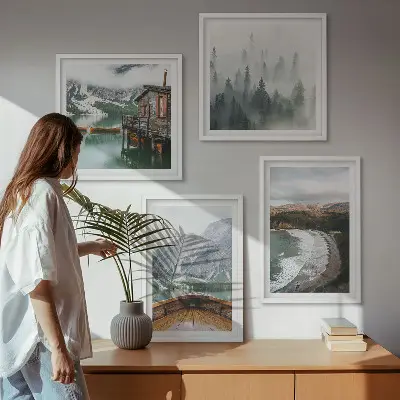 Set of 4 wall art pieces featuring mountains, lake, boat, fog, and beach scenes