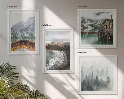 Set of 4 wall art pieces featuring mountains, lake, boat, fog, and beach scenes