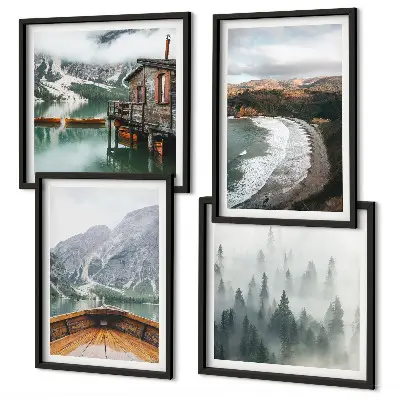 Set of 4 wall art pieces Mountains, lake, boat, fog, beach