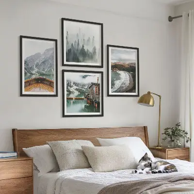 Set of 4 wall art pieces featuring mountains, lake, boat, fog, and beach scenes