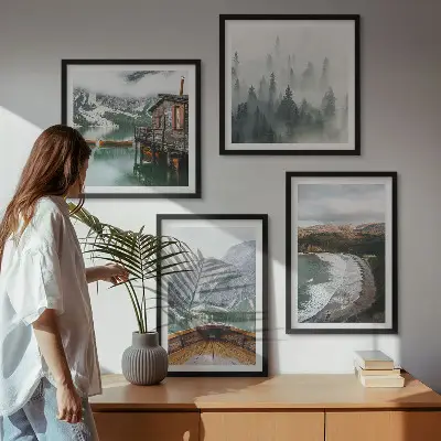 Set of 4 wall art pieces Mountains, lake, boat, fog, beach