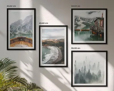 Set of 4 wall art pieces Mountains, lake, boat, fog, beach