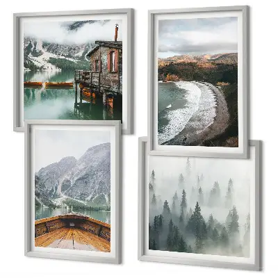 Set of 4 wall art pieces Mountains, lake, boat, fog, beach