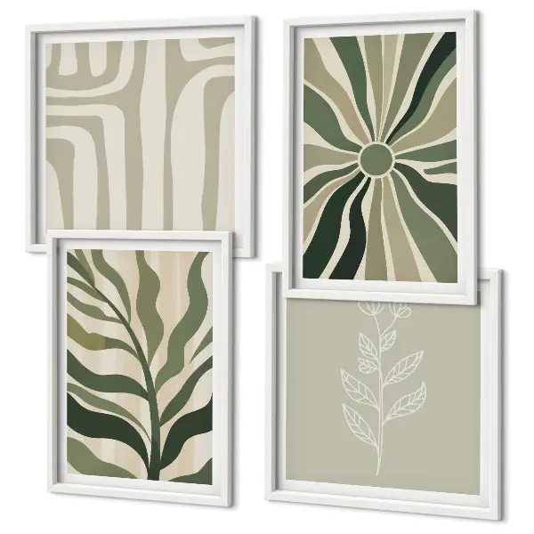 Wall art set with green minimalist plant patterns