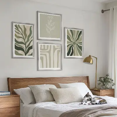 Wall art set with green minimalist plant patterns