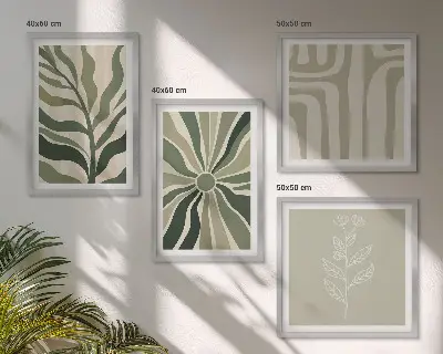 Wall art set with green minimalist plant patterns