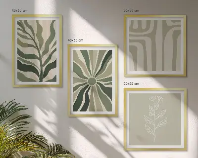 Wall art set with green minimalist plant patterns