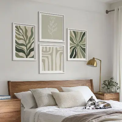 Wall art set with green minimalist plant patterns