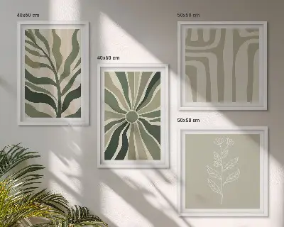 Wall art set with green minimalist plant patterns