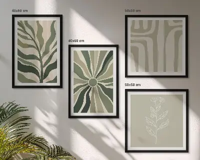 Wall art set with green minimalist plant patterns