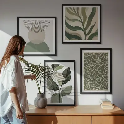 Wall art set abstract leaves and geometric shapes