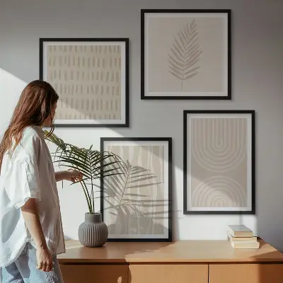 Set of 4 wall art pieces with beige plant patterns