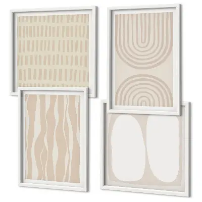 Set of 4 abstract boho wall art pieces featuring geometric patterns and shapes