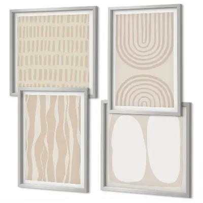 Set of 4 abstract boho wall art pieces featuring geometric patterns and shapes