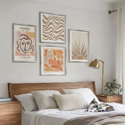 Set of 4 wall art pieces featuring sun boho pastel shapes