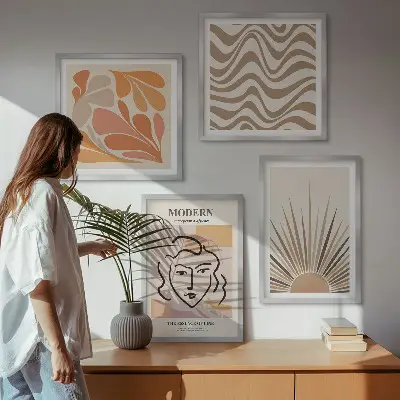 Set of 4 wall art pieces featuring sun boho pastel shapes