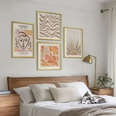 Set of 4 wall art pieces featuring sun boho pastel shapes