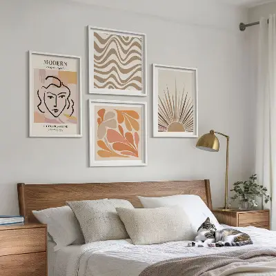 Set of 4 wall art pieces featuring sun boho pastel shapes