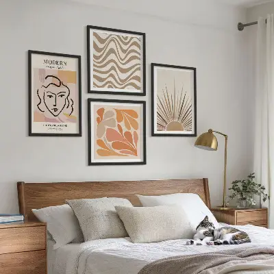 Set of 4 wall art pieces featuring sun boho pastel shapes