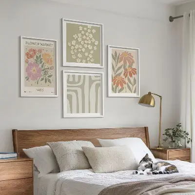 Multi-piece wall decor set featuring botanical motifs in a Parisian minimalist style