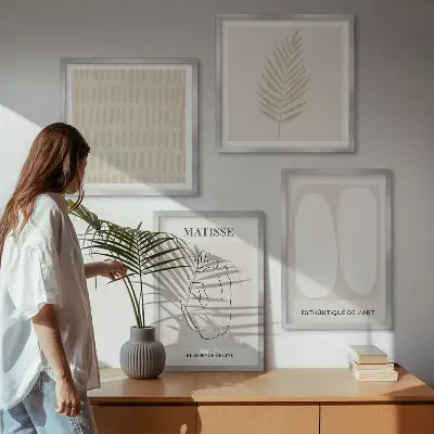 Wall art set with beige and white linear shapes