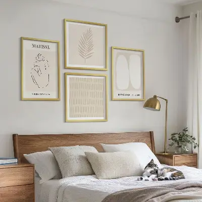 Wall art set with beige and white linear shapes