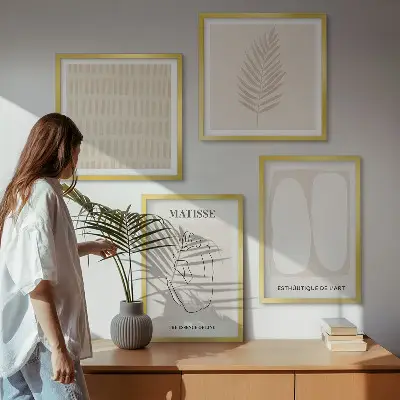 Wall art set with beige and white linear shapes
