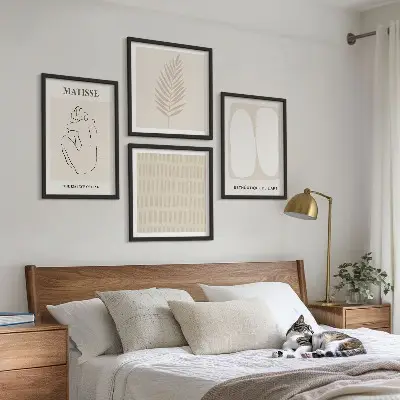 Wall art set with beige and white linear shapes