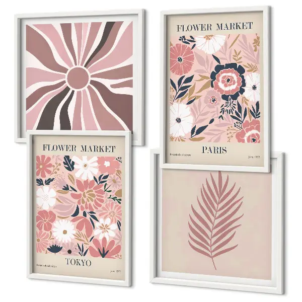 Floral Pattern and Geometry Wall Art set of 4 leaf prints