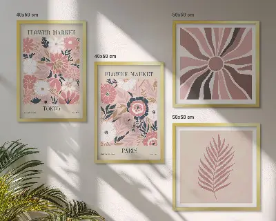 Floral Pattern and Geometry Wall Art set of 4 leaf prints