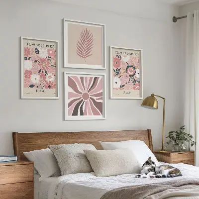 Floral Pattern and Geometry Wall Art set of 4 leaf prints