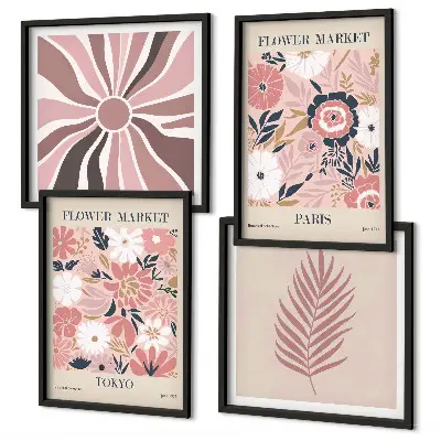 Floral Pattern and Geometry Wall Art set of 4 leaf prints