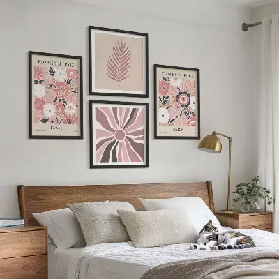 Floral Pattern and Geometry Wall Art set of 4 leaf prints