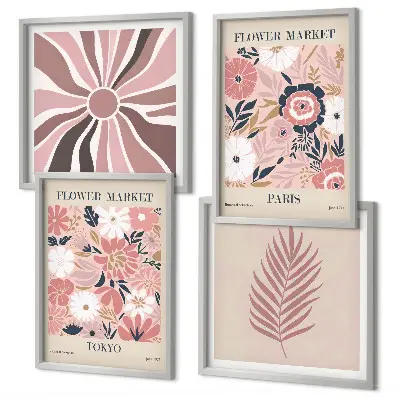 Floral Pattern and Geometry Wall Art set of 4 leaf prints