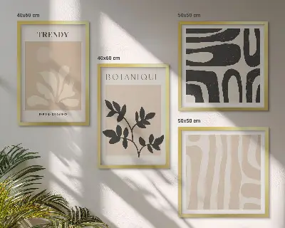 Wall art set with stylish plant patterns in beige and black