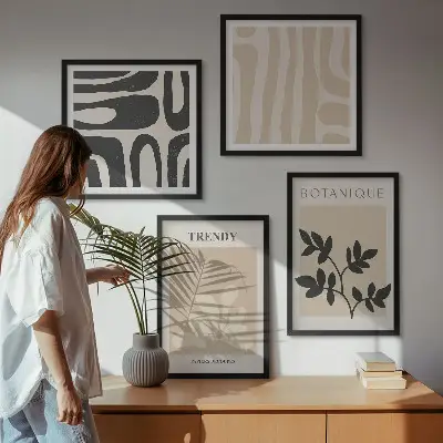 Wall art set with stylish plant patterns in beige and black