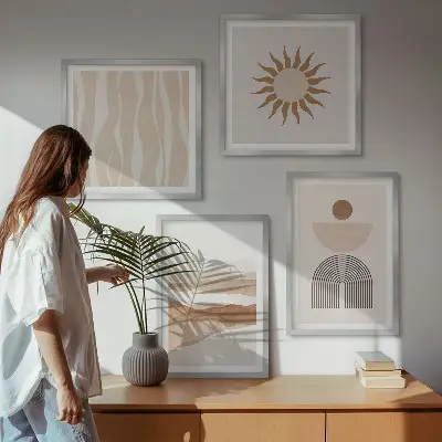 Wall art set featuring abstract landscape and geometric nature designs