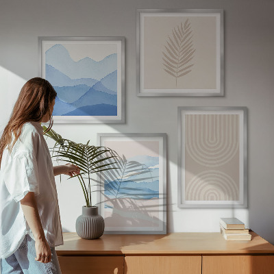 Set of 4 wall art pieces Leaves waves beige blue