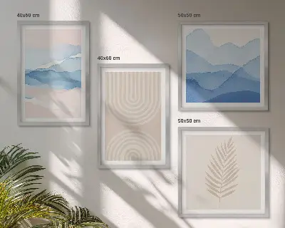 Set of 4 wall art pieces with beige and blue leaves and waves design