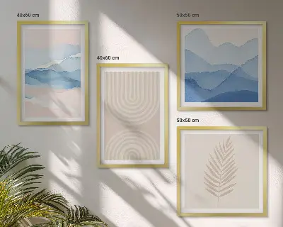 Set of 4 wall art pieces with beige and blue leaves and waves design